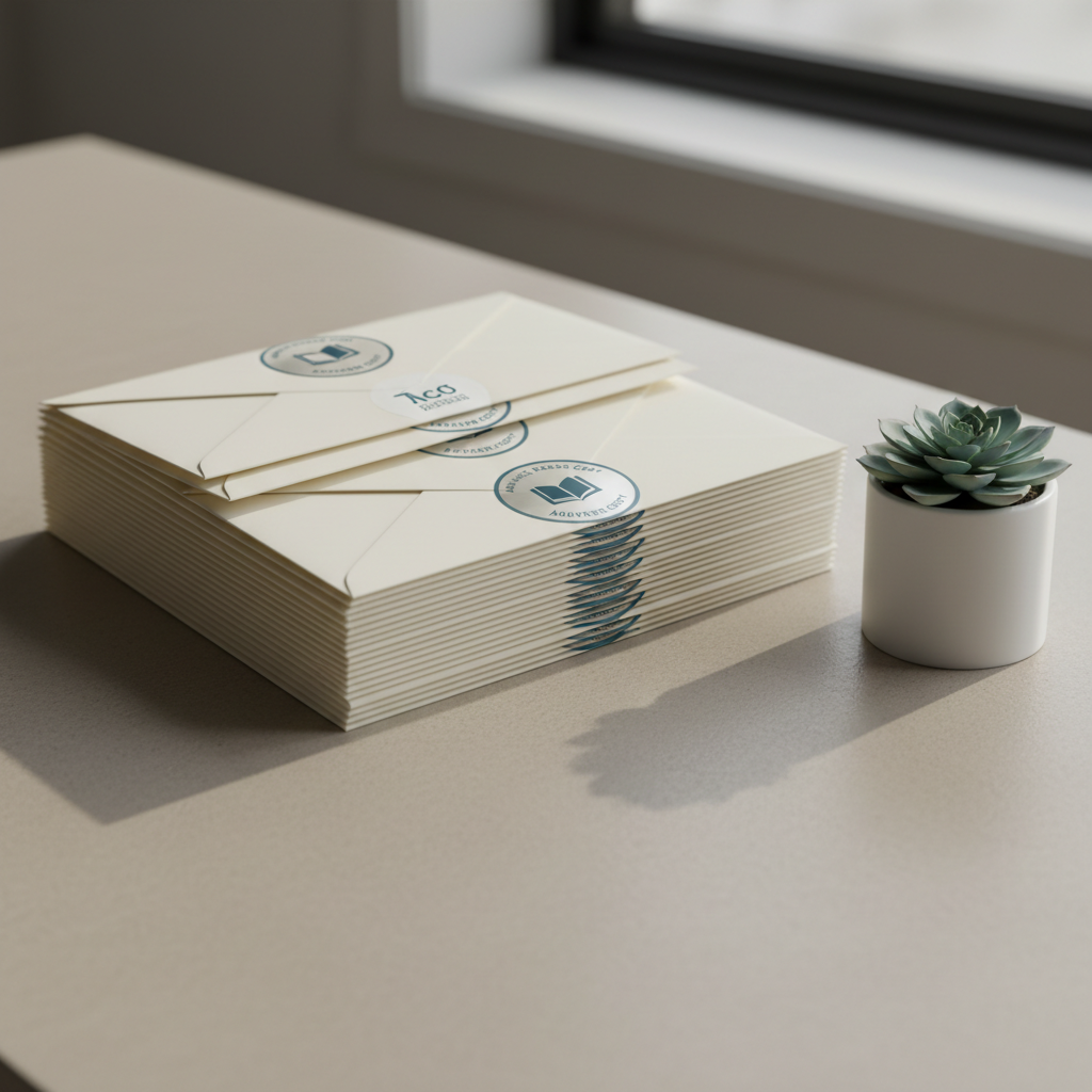 A stack of ARC (advance reader copy) envelopes, crisp and uniformly aligned, featuring custom branded stickers in understated silver and slate-blue. The envelopes are arrayed across a smooth, neutral-colored desktop with subtle texture, punctuated by a single, compact potted succulent in a minimalist white pot. The scene is bathed in gentle overcast daylight streaming through a nearby window, generating soft highlights and clear, structured shadow edges. Shot from a low, side angle with shallow depth of field to draw focus to the foreground while lightly blurring the background. The atmosphere is quietly optimistic and professional, adhering to a clean, photographic, and corporate aesthetic ideal for an author’s engagement strategy.