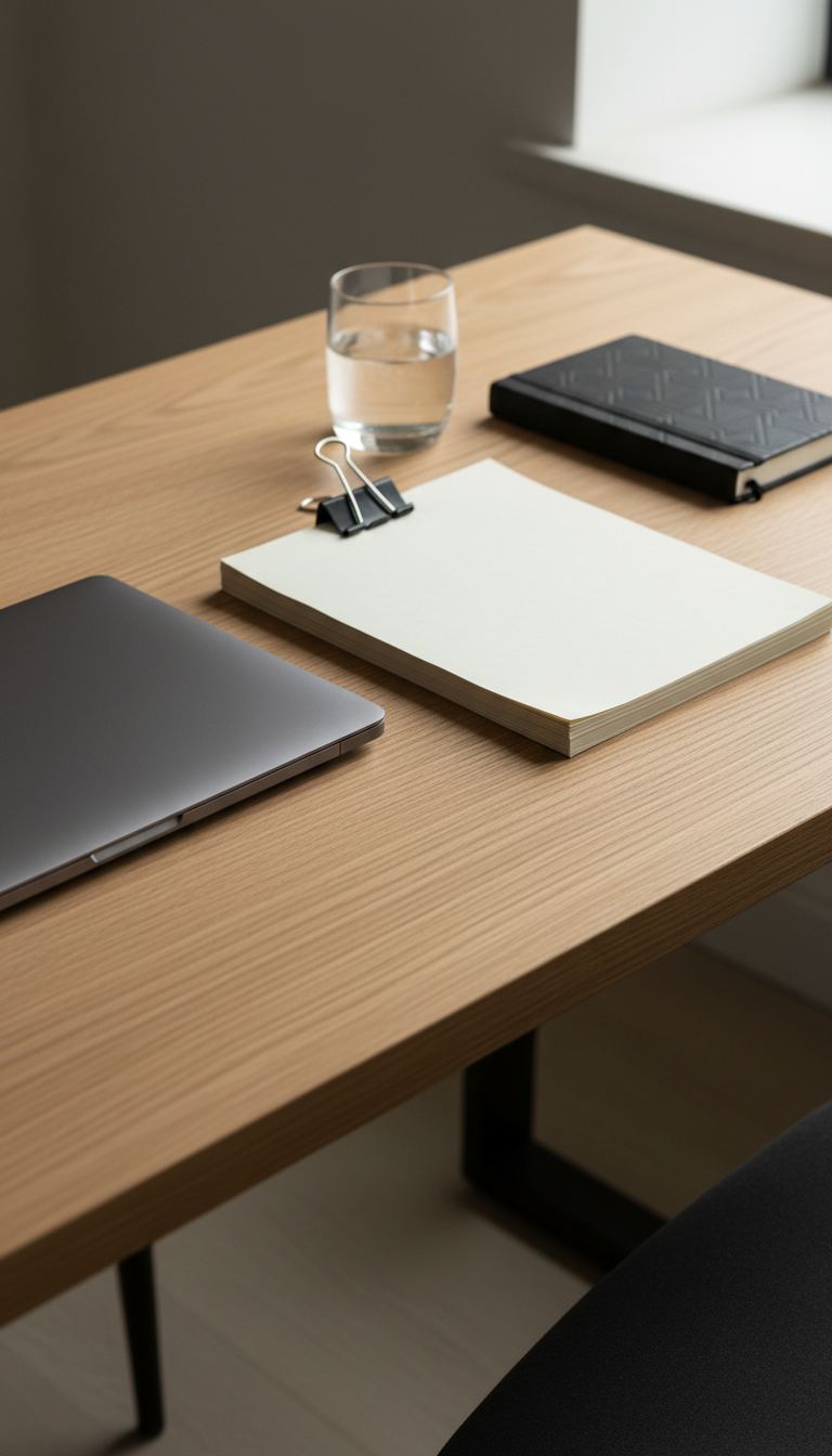 A meticulously styled writing workspace featuring a closed, matte charcoal-gray laptop beside a stack of manuscript pages neatly clipped together. Both are set on an uncluttered, light oak desk with smooth, straight edges and visible, fine wood grain. A glass of water sits nearby, completed by a monochrome, hardcover notebook. Indirect window light softly illuminates the surface, offering subtle, balanced shadows and gentle reflections. The overall composition uses asymmetrical balance, viewed from a slight angle that creates depth and clarity. The mood is focused yet serene, with a clear, modern, photographic realism that supports the professional tone of an author portfolio site.