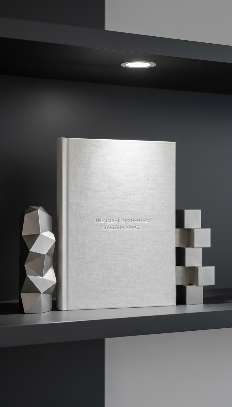 A high-resolution close-up of a minimalist white book cover, displaying only the subtle texture of fine paper and faint embossed title text. The book is positioned upright on a slate-gray, structured shelf system flanked by two geometric bookends of brushed aluminum. Crisp artificial daylight from an overhead panel yields soft, even lighting, producing minimal shadow and enhancing the precision of lines and form. The atmosphere is intentionally neutral and composed, evoking a sense of calm professionalism. The photograph is framed at eye-level, utilizing rule of thirds, with sharp focus throughout. This clean, corporate, photographic style emphasizes refined detail and aligns with a professional author portfolio’s aesthetic.
