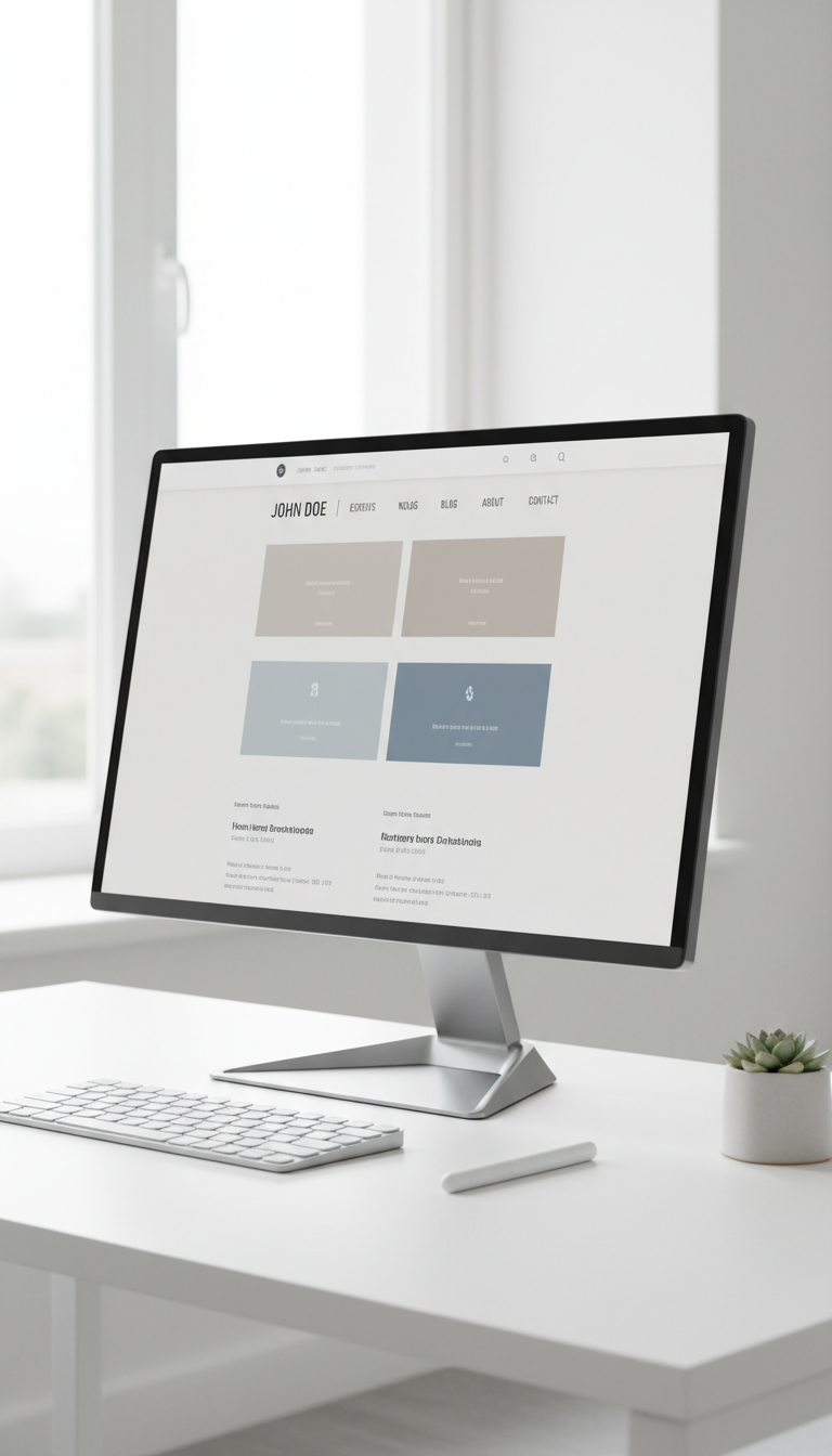 A clean, structured website mockup displayed on a slim, high-resolution computer monitor with neutral-toned elements and sharp, linear dynamics. The monitor stands on a sleek metal stand atop an uncluttered white surface, accompanied by a wireless keyboard and minimal accessories. Bright, diffused daylight from the side gives soft, even illumination with gentle, almost invisible shadows, emphasizing a pristine and organized workspace. Captured from a slightly elevated, three-quarter angle, the composition is intentional and balanced, with every element orderly and spatially aware. The mood is efficient and corporate, utilizing a modern photographic style to represent the organized professionalism of a writer's digital presence.