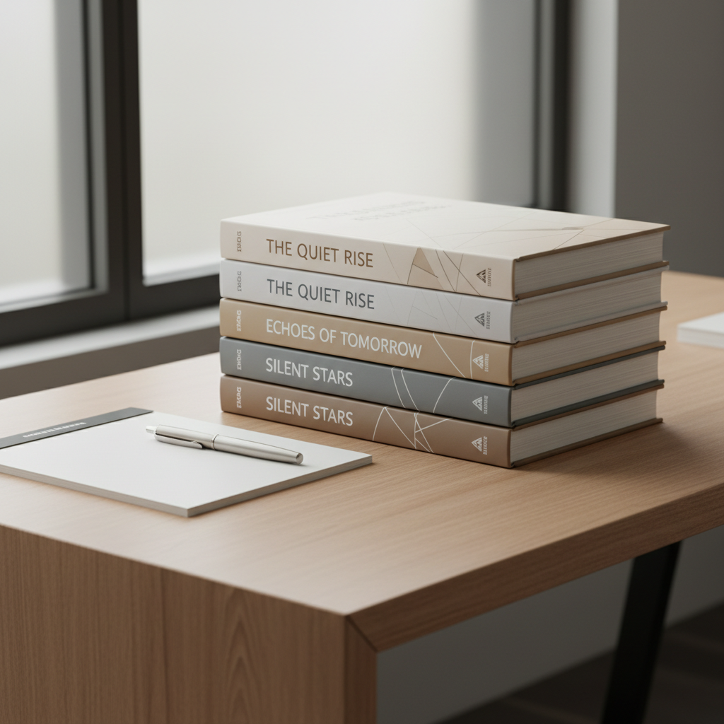 A neatly arranged stack of hardcover young adult novels with contemporary, minimalistic dust jackets in muted neutral tones—taupe, off-white, and slate gray—feature clean typography and subtle embossed details. The books rest on a refined matte-finished wood desk with sharp edges, surrounded by a precisely aligned notepad and a slim, metallic pen. Soft diffused daylight comes through a frosted glass window, lending consistent, gentle highlights and balanced shadows across the scene. The composition uses a slightly elevated angle and a centered layout, ensuring a sense of order and professionalism. The photographic realism and corporate, clean aesthetic reinforce a sophisticated brand image, perfectly suited for an author’s portfolio website.
