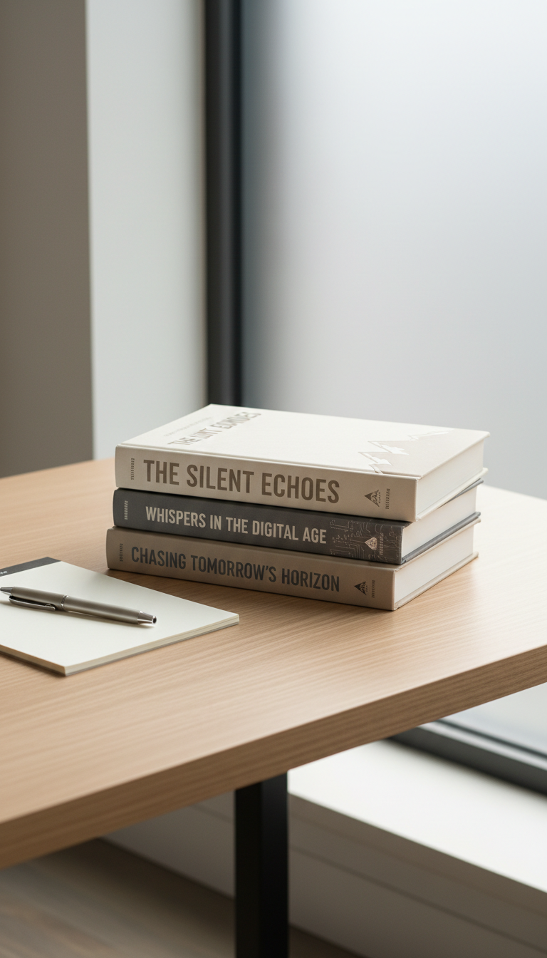 A neatly arranged stack of hardcover young adult novels with contemporary, minimalistic dust jackets in muted neutral tones—taupe, off-white, and slate gray—feature clean typography and subtle embossed details. The books rest on a refined matte-finished wood desk with sharp edges, surrounded by a precisely aligned notepad and a slim, metallic pen. Soft diffused daylight comes through a frosted glass window, lending consistent, gentle highlights and balanced shadows across the scene. The composition uses a slightly elevated angle and a centered layout, ensuring a sense of order and professionalism. The photographic realism and corporate, clean aesthetic reinforce a sophisticated brand image, perfectly suited for an author’s portfolio website.